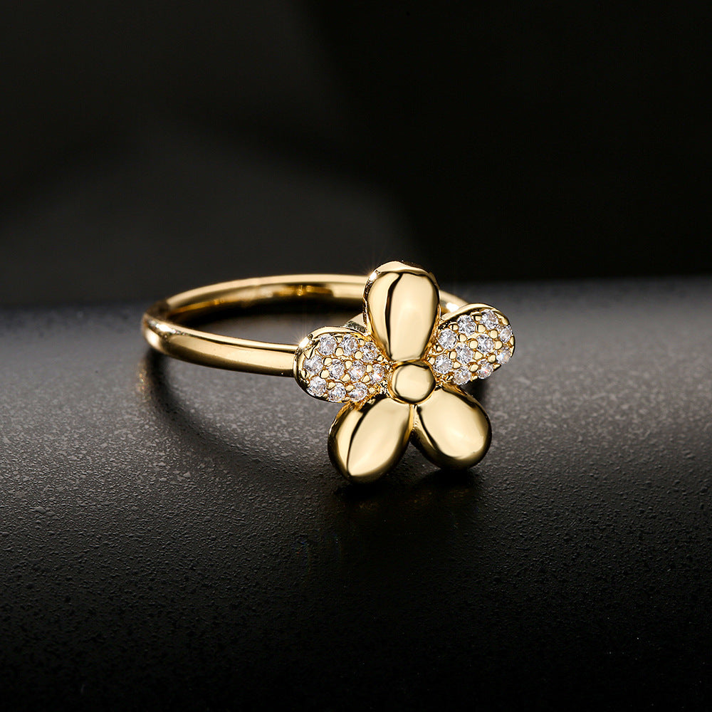 Ins Style Rotatable Butterfly and Floral Shaped Ring in Copper with 18K Gold Plating and Micro-Pavé Zirconia for Women
