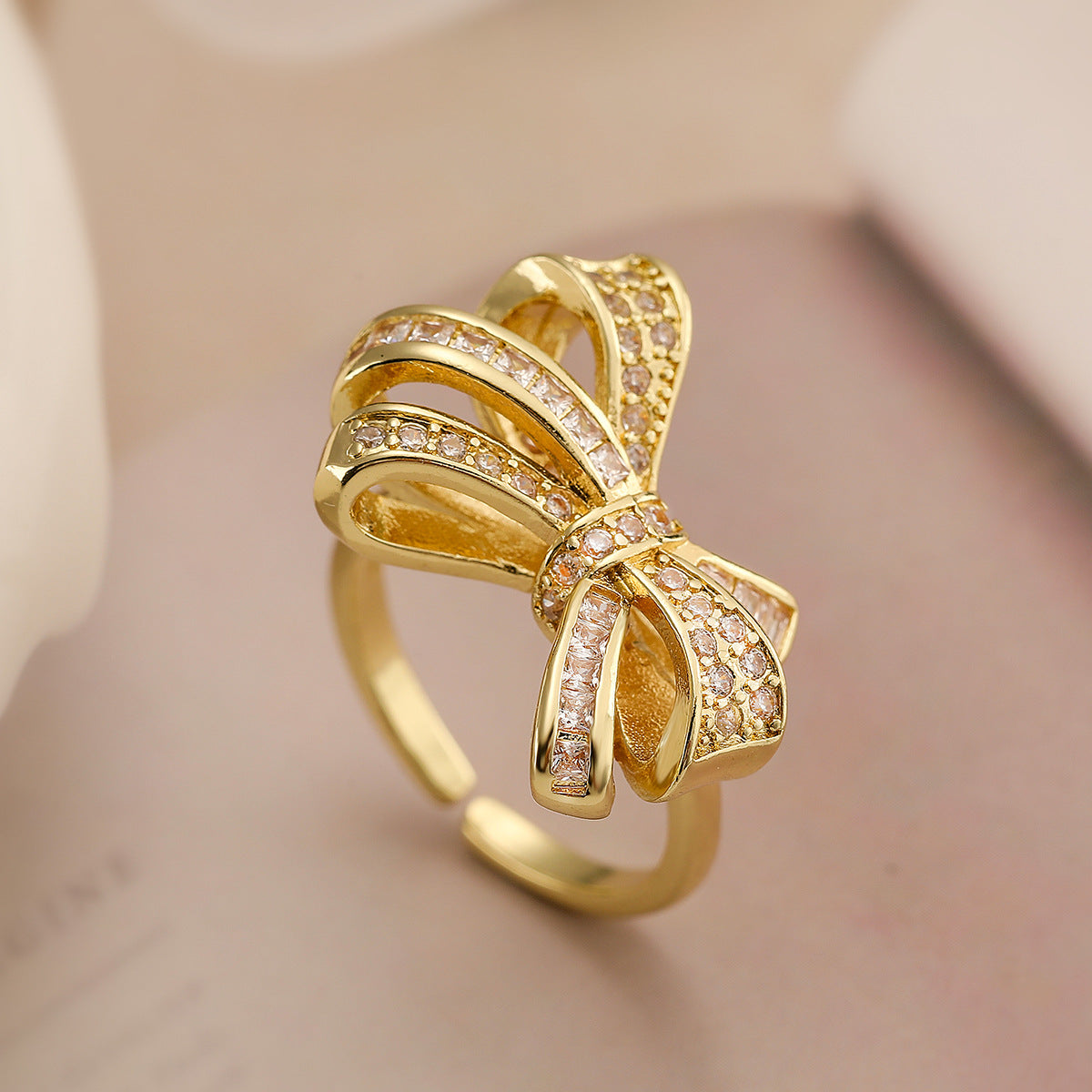 Minimalist Bowknot-Shaped Ring for Women Made of Copper with Micro-Pavé Zirconia Accents