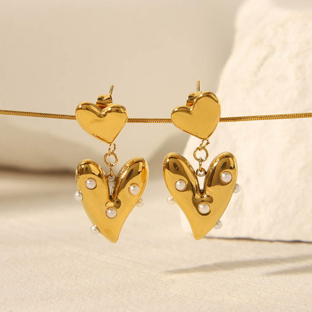 Fashion 18K Gold Plated Stainless Steel Heart Pearl Stud Earrings for Women