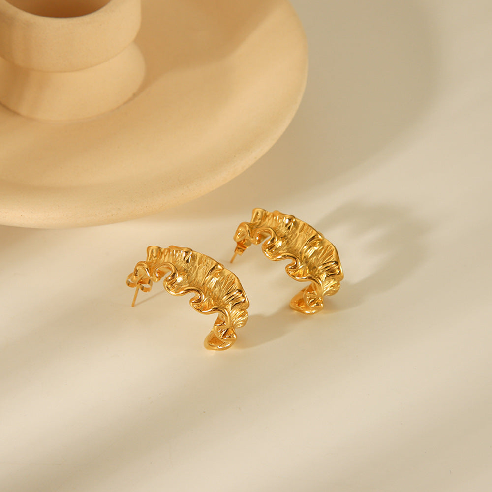 Geometric Irregular Hammered Texture 18K Gold Plated Titanium Steel Earrings for Women