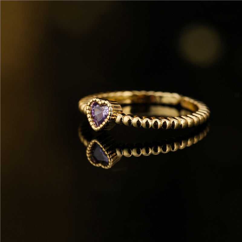 Minimalist Geometric Heart-Shaped Zirconia Ring for Women with Copper Base and 18K Gold Plating
