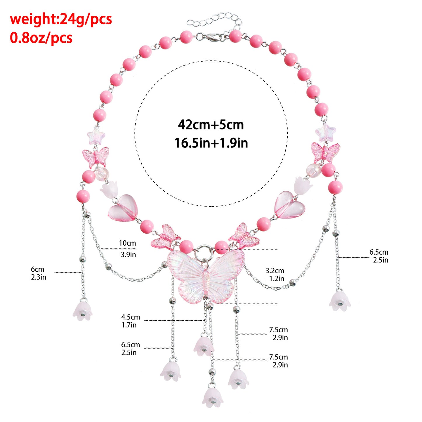 Y2K Style Heart and Butterfly Pendant Necklace with Imitation Pearls and Tassels on Resin Beaded Chain for Women
