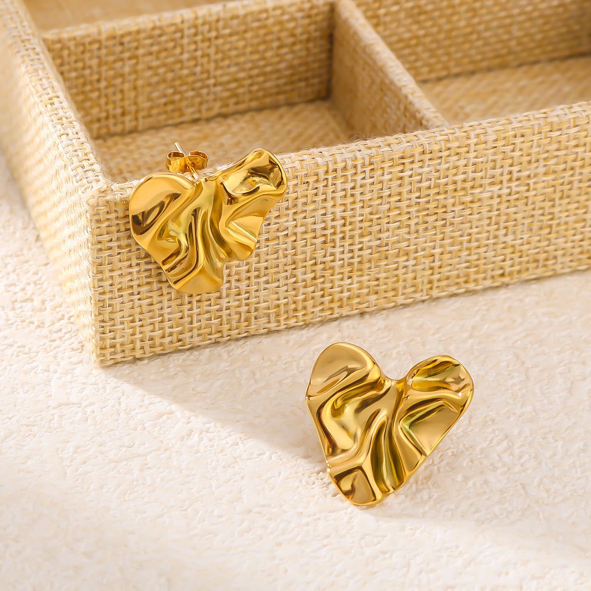 Minimalist Heart-Shaped Stainless Steel Earrings with 18K Gold Plating and Textured Folded Surface for Women