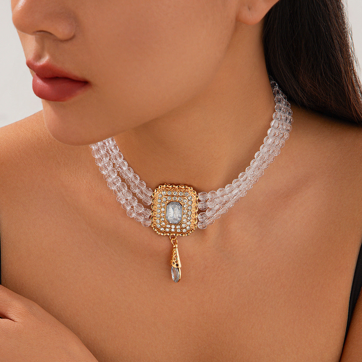 Collar tipo gargantilla de cristal estilo francés vintage con dijes geométricos cuadrados y de lágrima en cadena de perlas para mujer