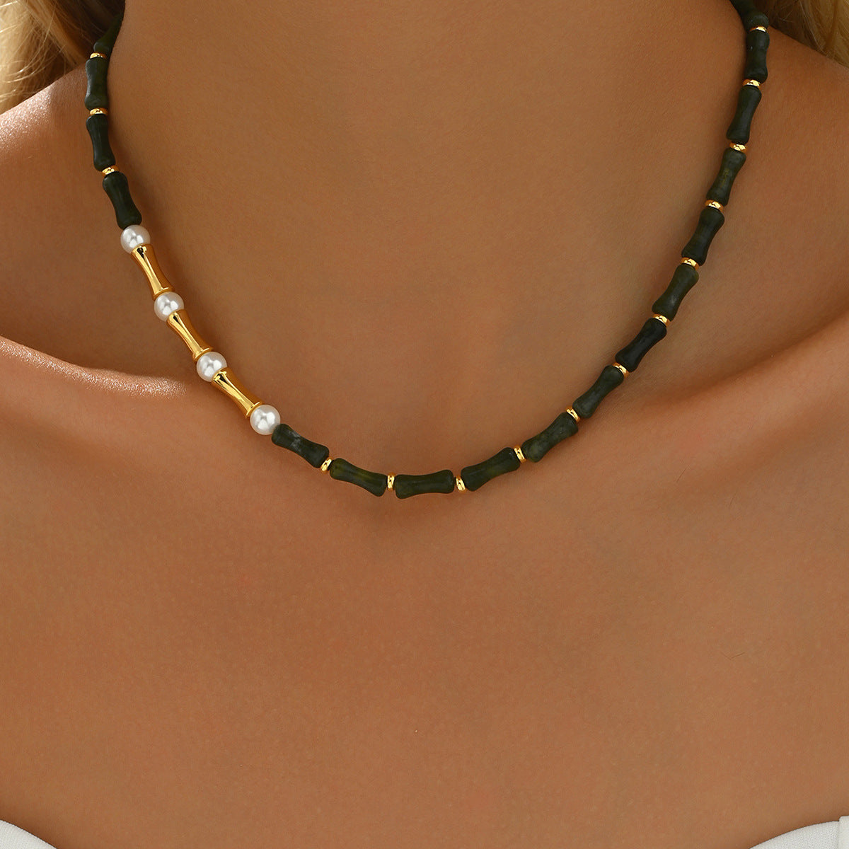 Collar de mujer estilo retro chino con perlas, colgante de bambú y diseño geométrico para clavícula
