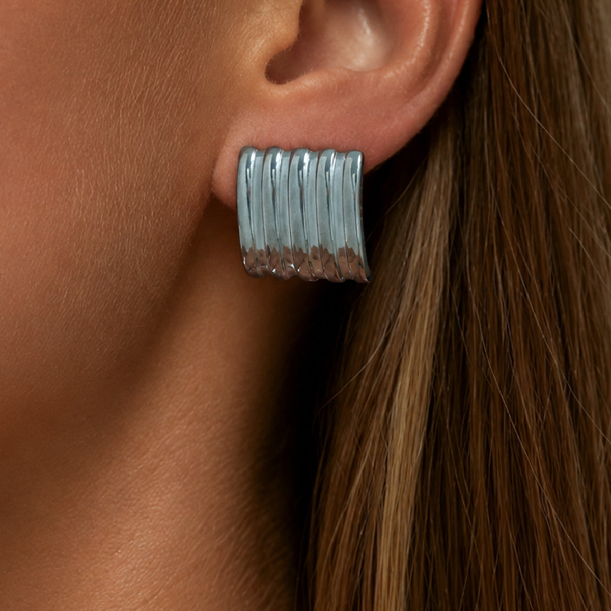 Minimalist 18K Gold Plated Stainless Steel Square Geometric Striped Earrings for Women