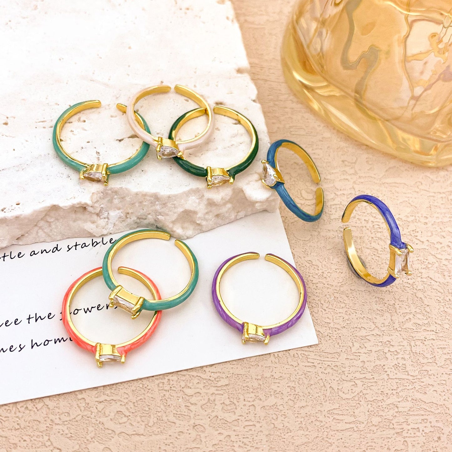 Anillo de circonita cúbica con forma de lágrima, ovalado, redondo, de lunares, geométrico, minimalista, de aleación chapada en oro para mujer