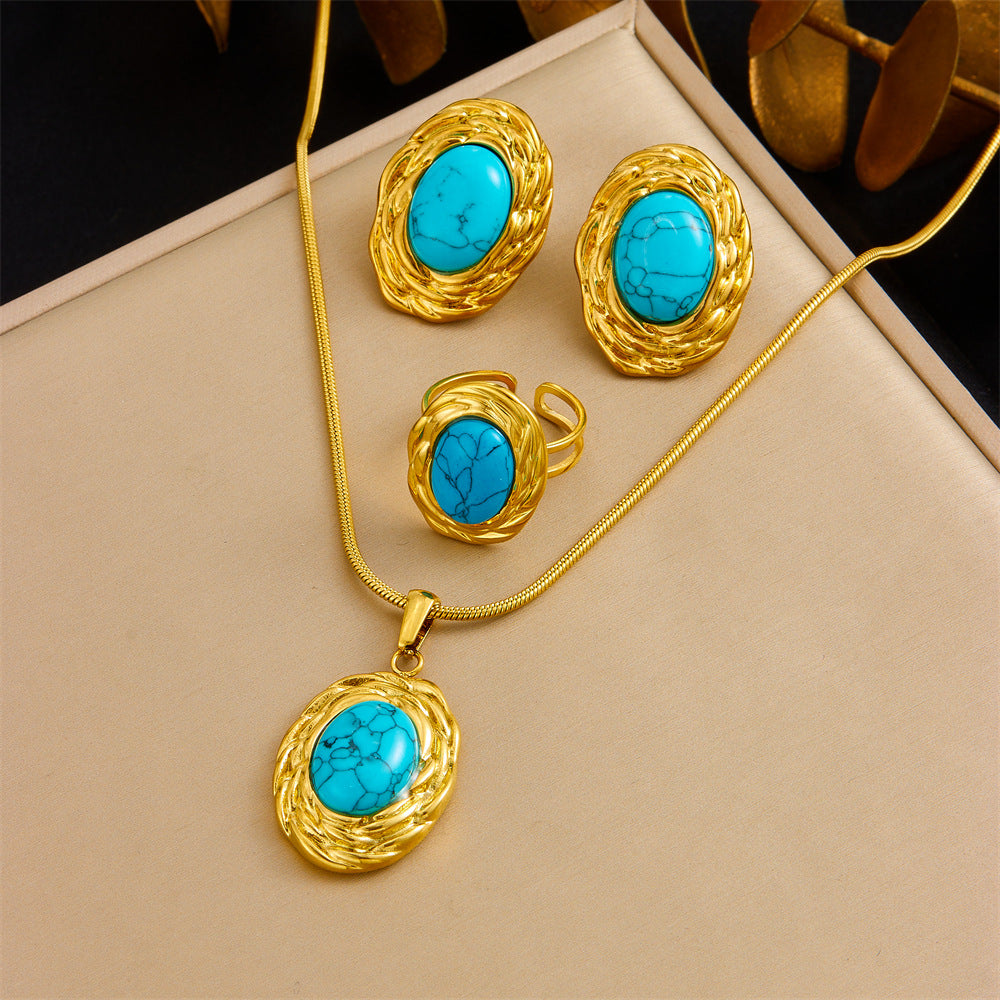 Vintage Elegant Oval Geometric Plated Stainless Steel Jewelry Set with Snake Chain for Women