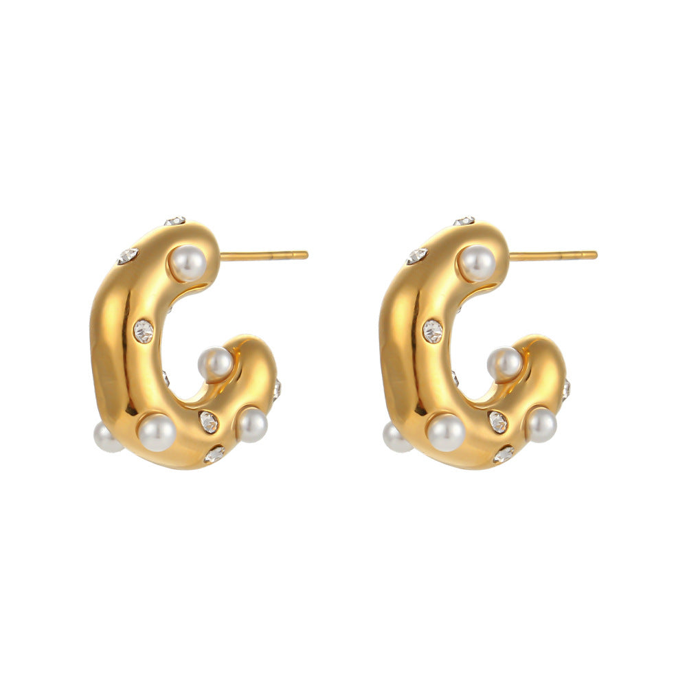 Orecchini a Cerchio a C Geometrici alla Moda in Acciaio Inossidabile con Placcatura in Oro 18K, Strass e Intarsio di Perle da Donna
