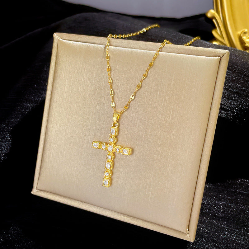 Vintage Luxury Titanium Steel Cross Collar Chain with Zircon Inlay