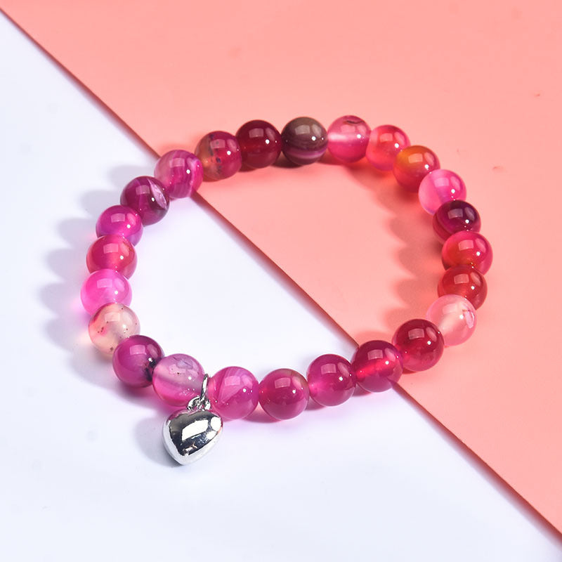 Elegant 8mm Pink Zebra Agate Beaded Bracelet with Rhinestone Inlay Unisex Geometric Jewelry