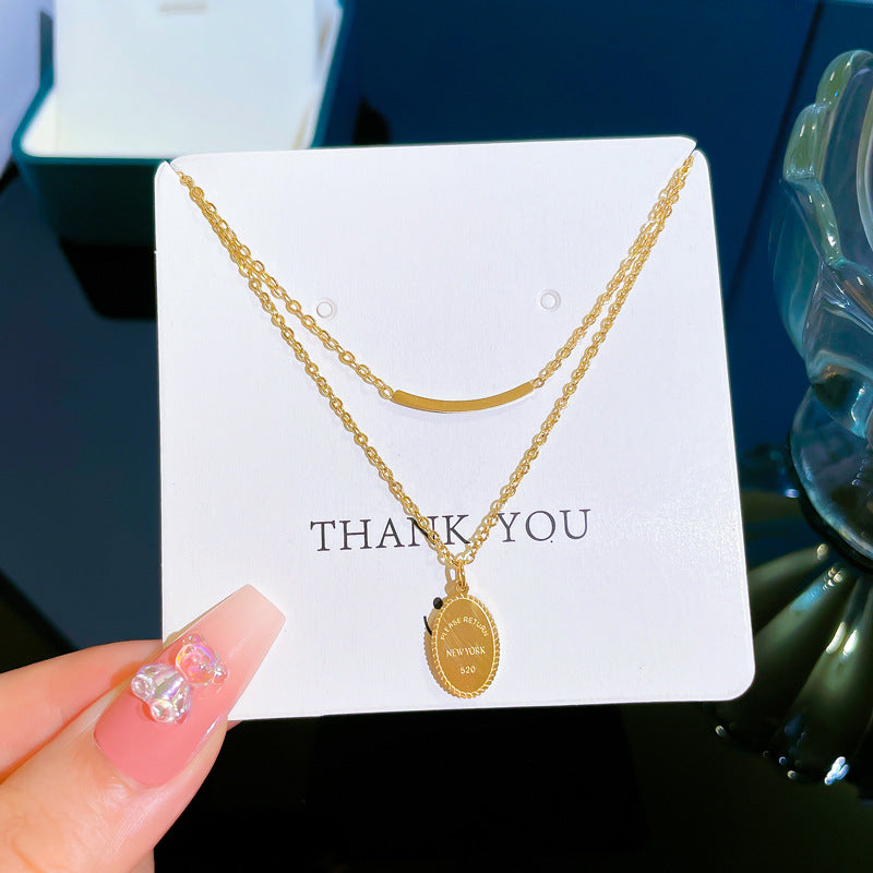 Collar con colgante redondo de doble capa, geométrico y minimalista para mujer, de acero de titanio con chapado en oro, cadena de medallón, accesorio de moda