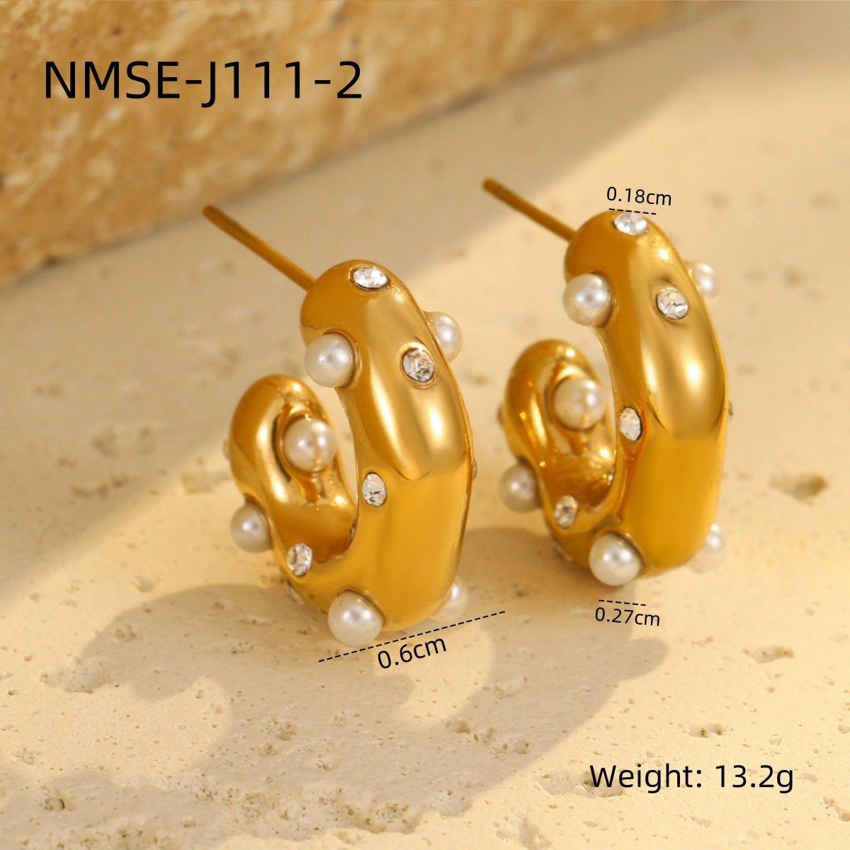 Fashion OL 18K Gold Plated Stainless Steel U-Shape Geometric Pearl Inlay Earrings for Women