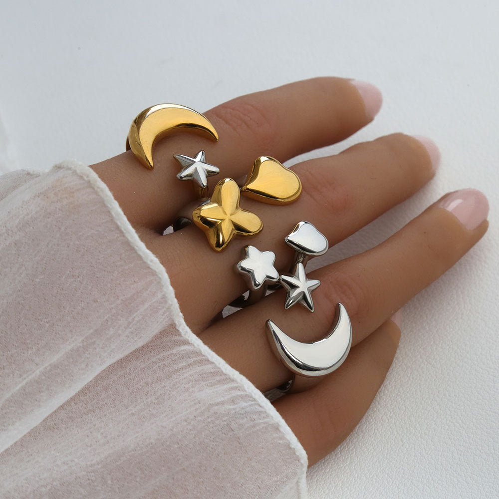 Anello Aperto Regolabile a Stella e Luna Geometrico Minimalista con Finitura Placcata in Acciaio Inossidabile 304 per Unisex