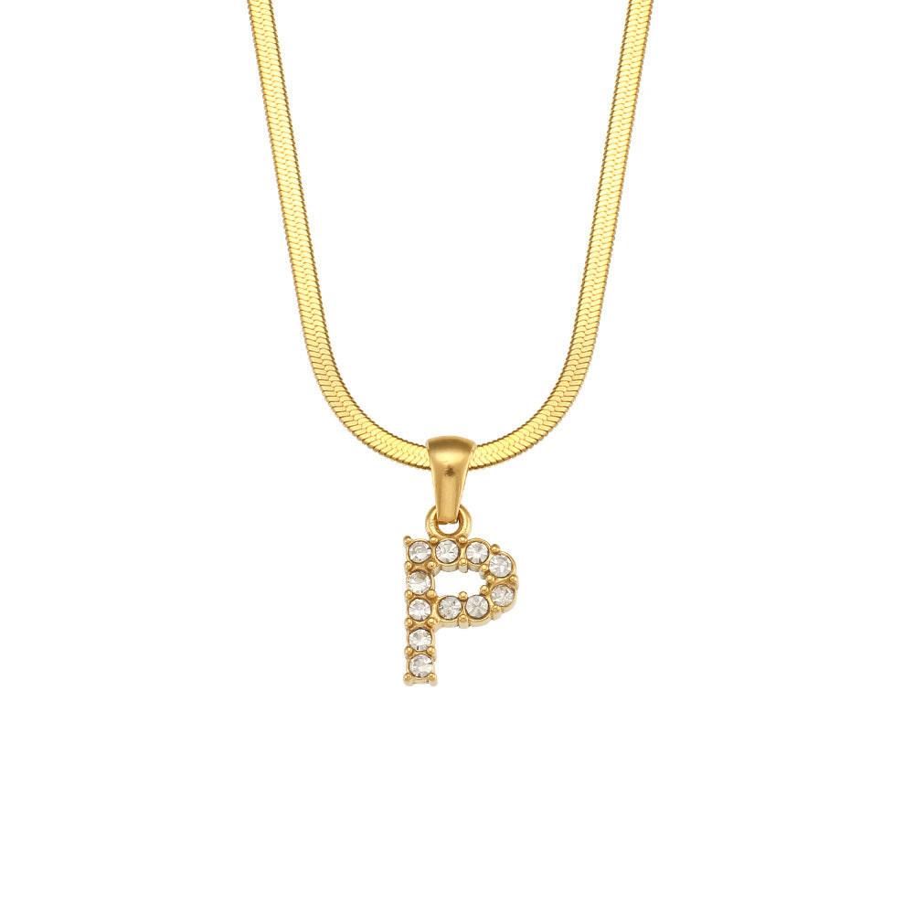 Collana Minimalista con Ciondolo a Lettera in Acciaio Inossidabile con Placcatura in Oro 18K e Zircone su Catena a Serpente Piatta per Donna