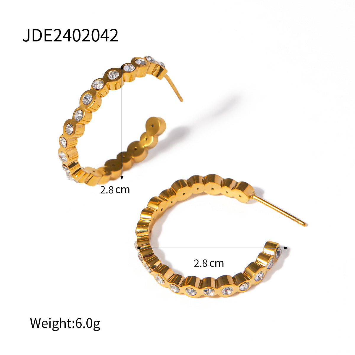 Minimalist Cold-Tone Stainless Steel Hoop Earrings with 18K Gold Plating and White Rhinestone Accent