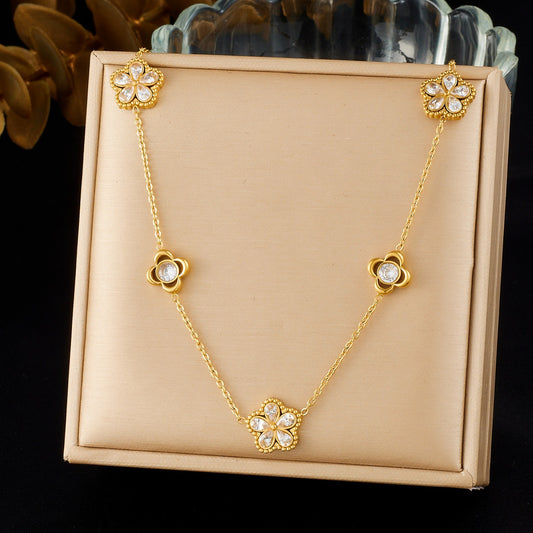 Vintage Minimalist Gold Plated Stainless Steel Flower Rhinestone Pendant Necklace and Earring Set for Women