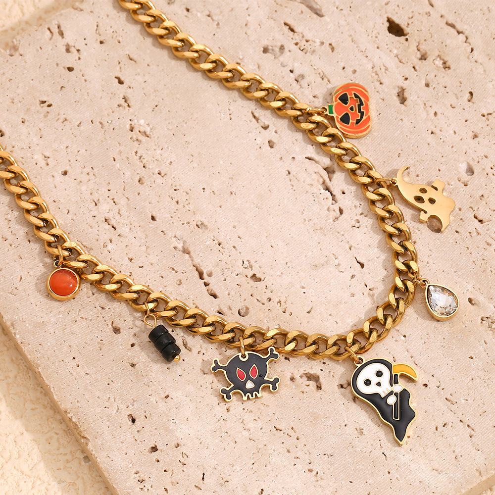 Creative Ghost Pendant Necklace for Women Stainless Steel with 18K Gold Plating Halloween-Themed Cartoon Design on Cuban Chain