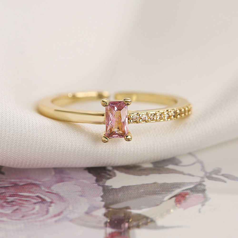 Elegant French-Style Geometric Open Ring for Women Made of Copper with Micro-Pavé Zirconia Accents