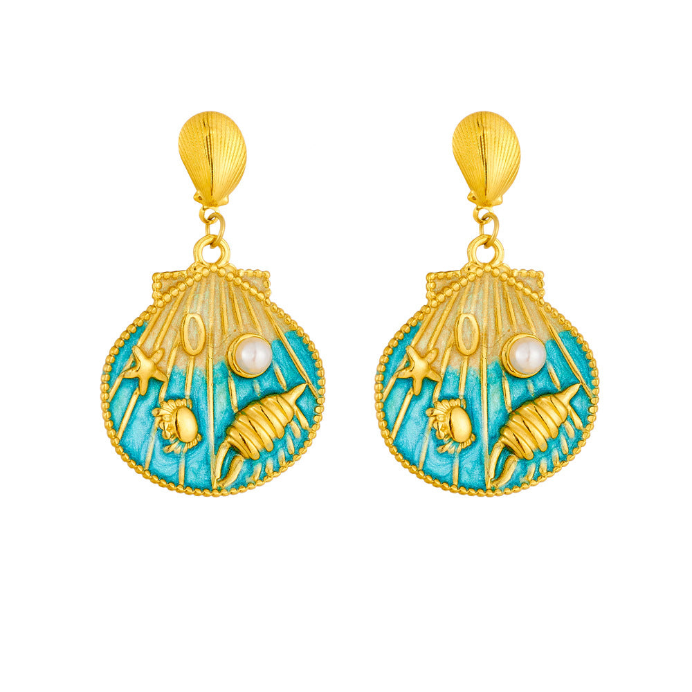 Pendientes de acero inoxidable para mujer con colgante de esmalte de vieira, estrella de mar y concha, con diseño de dibujos animados, bonitos, inspirados en el océano y con degradado.