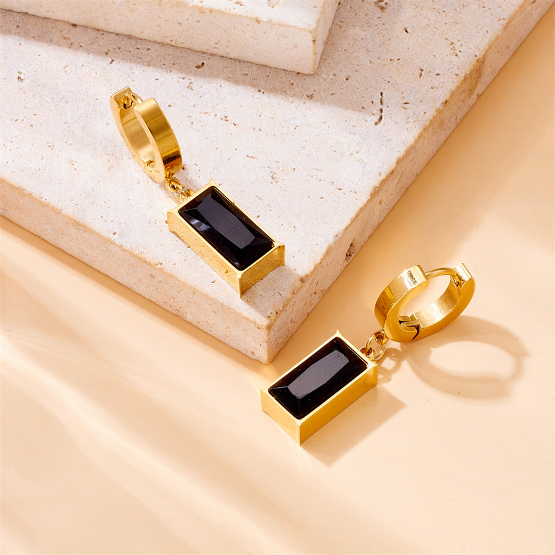 Vintage-Style Geometric Black Gemstone Pendant Stainless Steel Earrings for Women