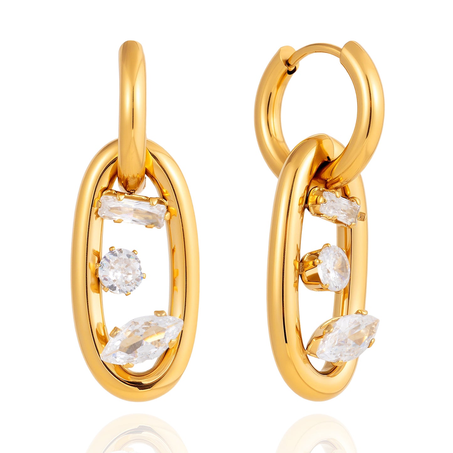 Orecchini geometrici in acciaio inossidabile placcati oro 18K con zirconi per donna, Lusso e moda per tutti i giorni