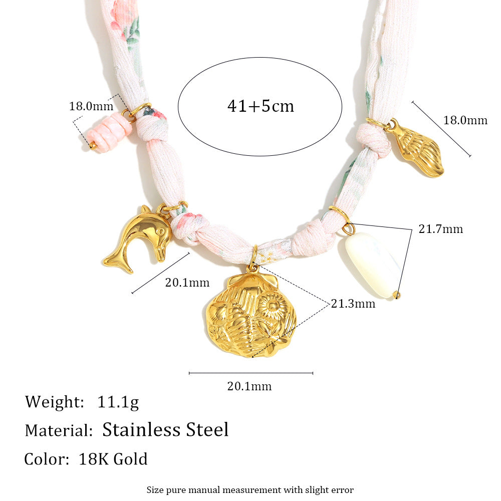 Fashionable OL Style Geometric Stainless Steel Plated 18K Gold Ribbon Pendant Necklace with Fossil and Seashell Charm for Women