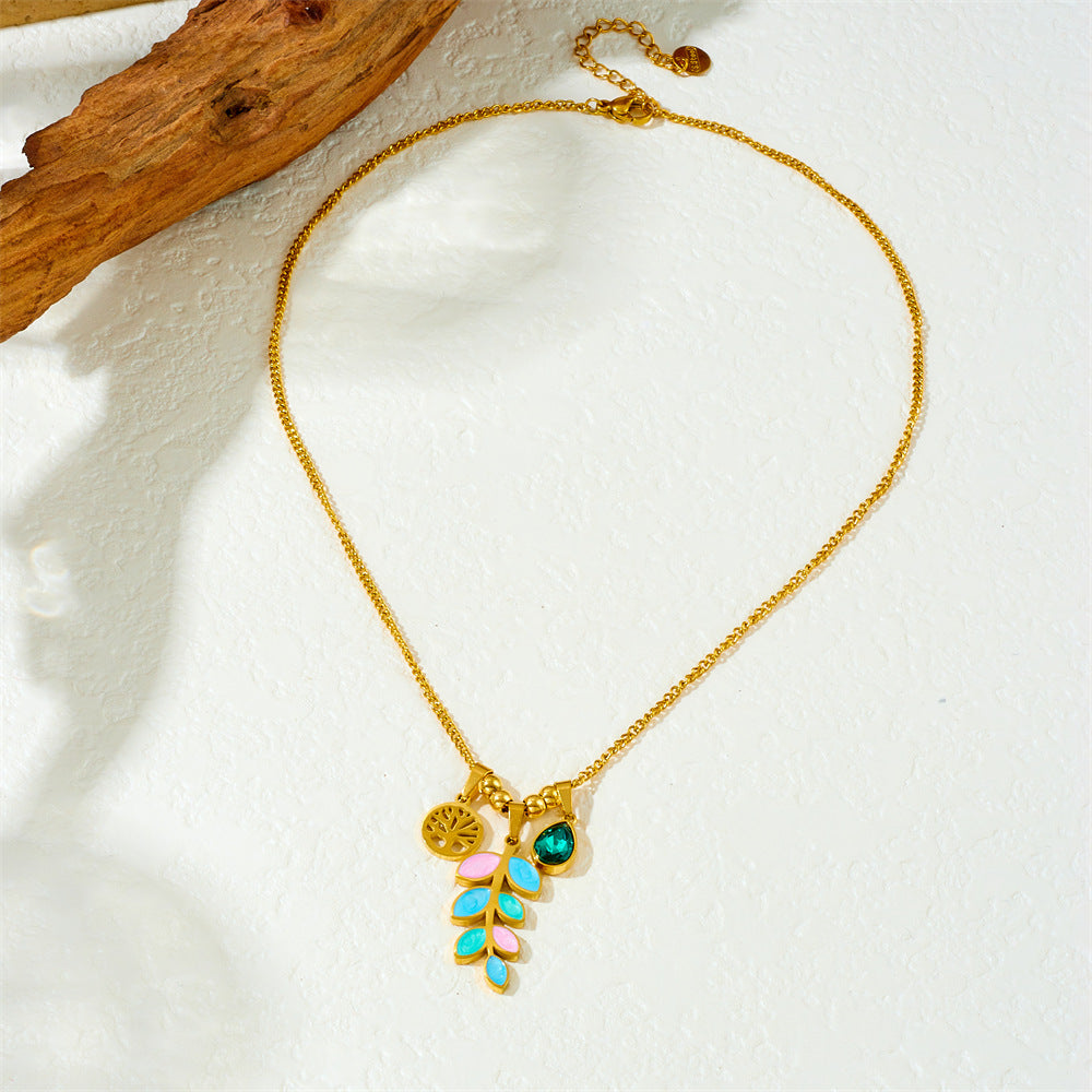 Sweet Drip Oil Plant Shape Gold Plated Stainless Steel Life Tree Pendant Necklace with Serpentine Chain for Women