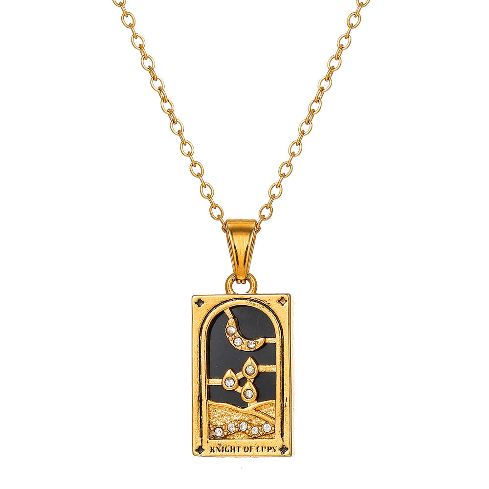 Vintage Casual Rectangle Drip Oil Cubic Zirconia Stainless Steel Necklace with Geometric Tarot Pendant Cable Chain Unisex