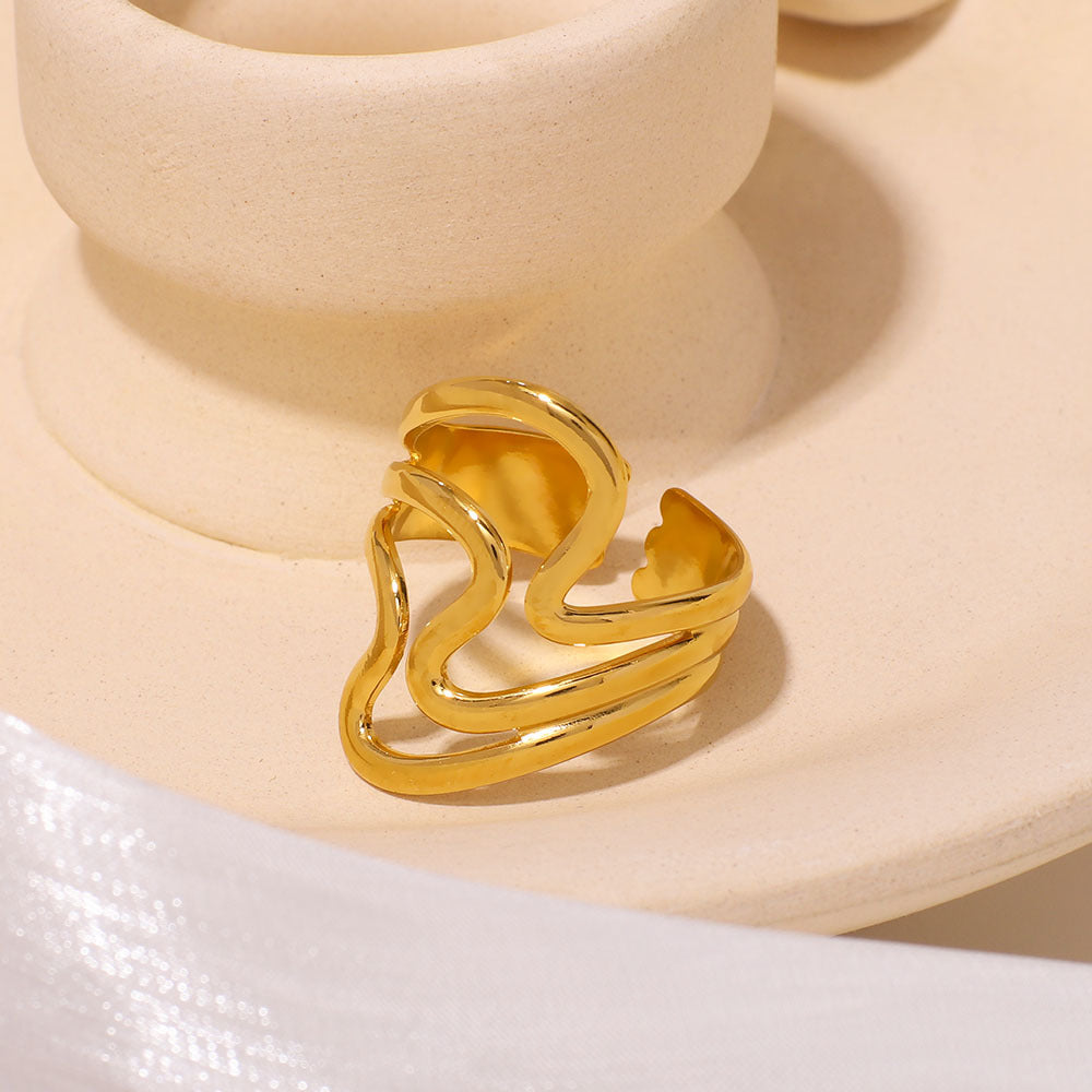 Minimalist 18K Gold Plated Stainless Steel Wavy Open Ring Asymmetric Geometric Design Unisex