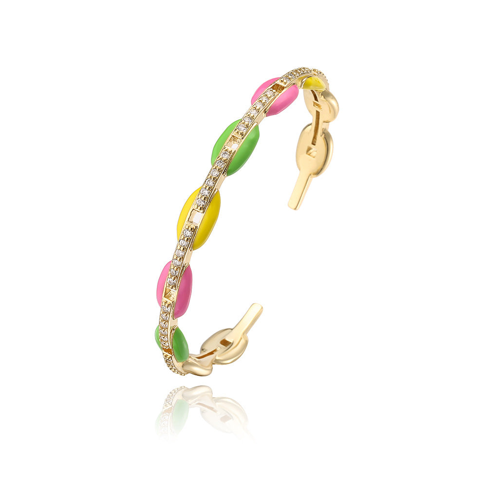 Ins Style Pig Nose Open Bangle Bracelet for Women in Copper with 18K Gold Plating and Colorful Enamel Zirconia