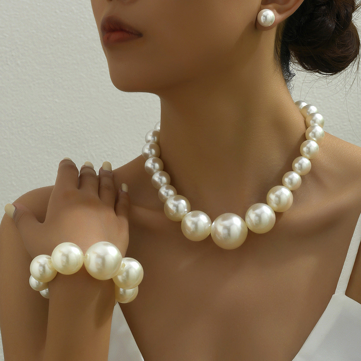 Minimalist Baroque Style Pearl Stud Earrings Pearl Necklace and Bracelet Set with Mother of Pearl Pendants on Ball Chain for Women