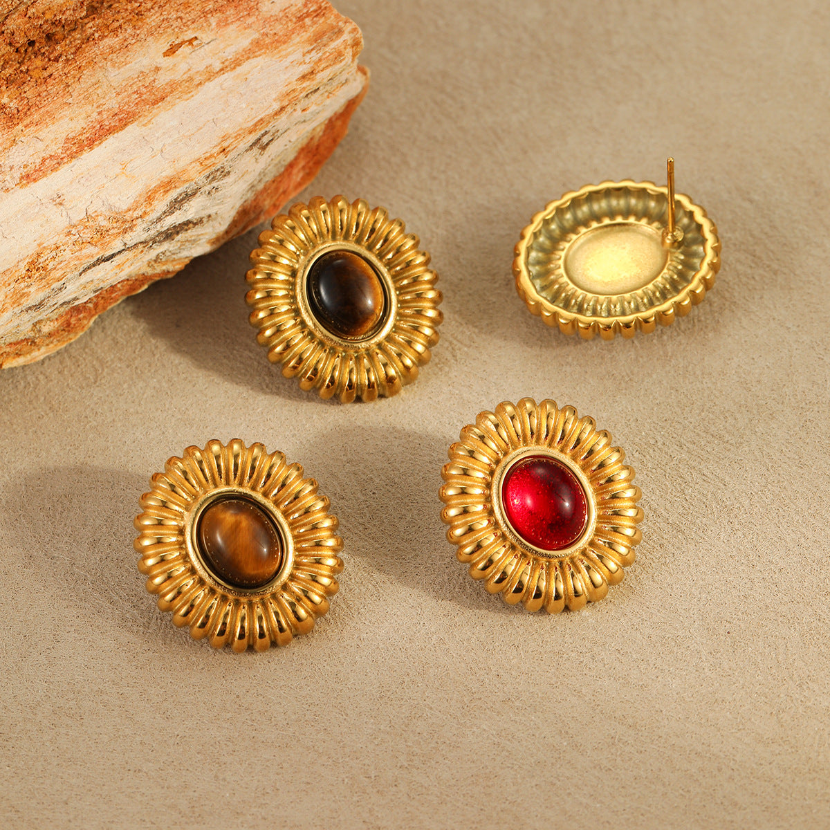 Pendientes de botón de ágata ojo de tigre con diseño geométrico de estilo vintage en acero inoxidable con baño de oro para mujer