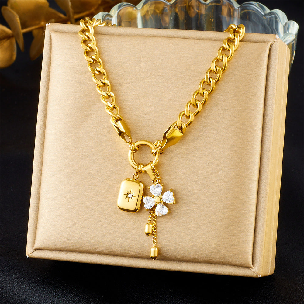 Fashionable Floral Star Square Pendant Necklace Set with Tassel Chain Stainless Steel Plated Women's Jewelry