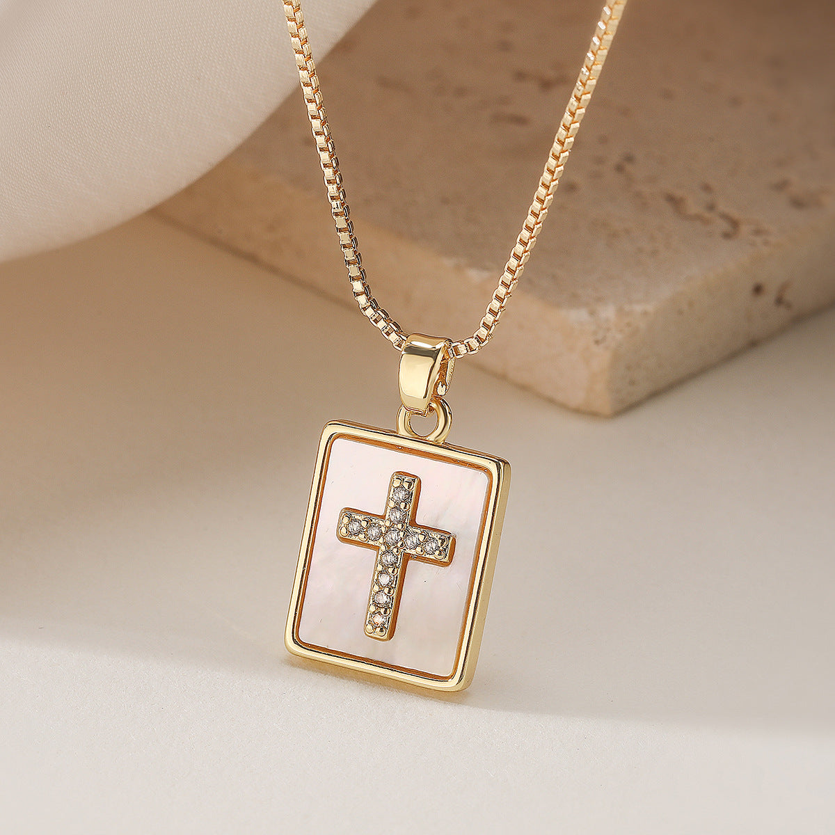 Minimalist 18K Gold Plated Brass Heart Cross Square Cubic Zirconia Pendant Necklace for Women