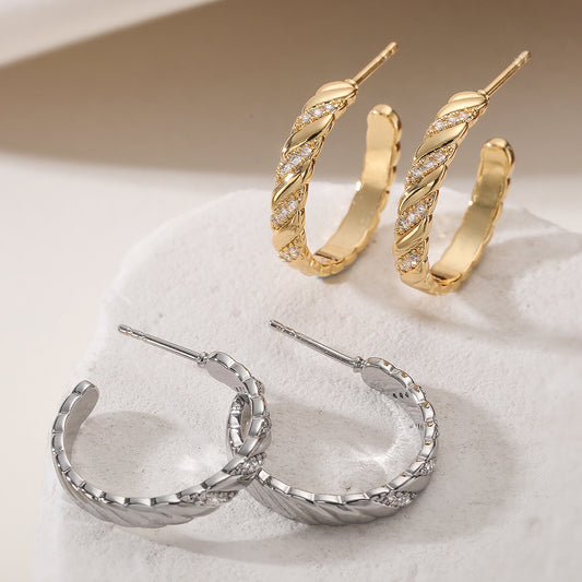 Luxury Vintage Geometric Gold Plated Brass Micro-Inlay Cubic Zirconia C-Shape Earrings for Women