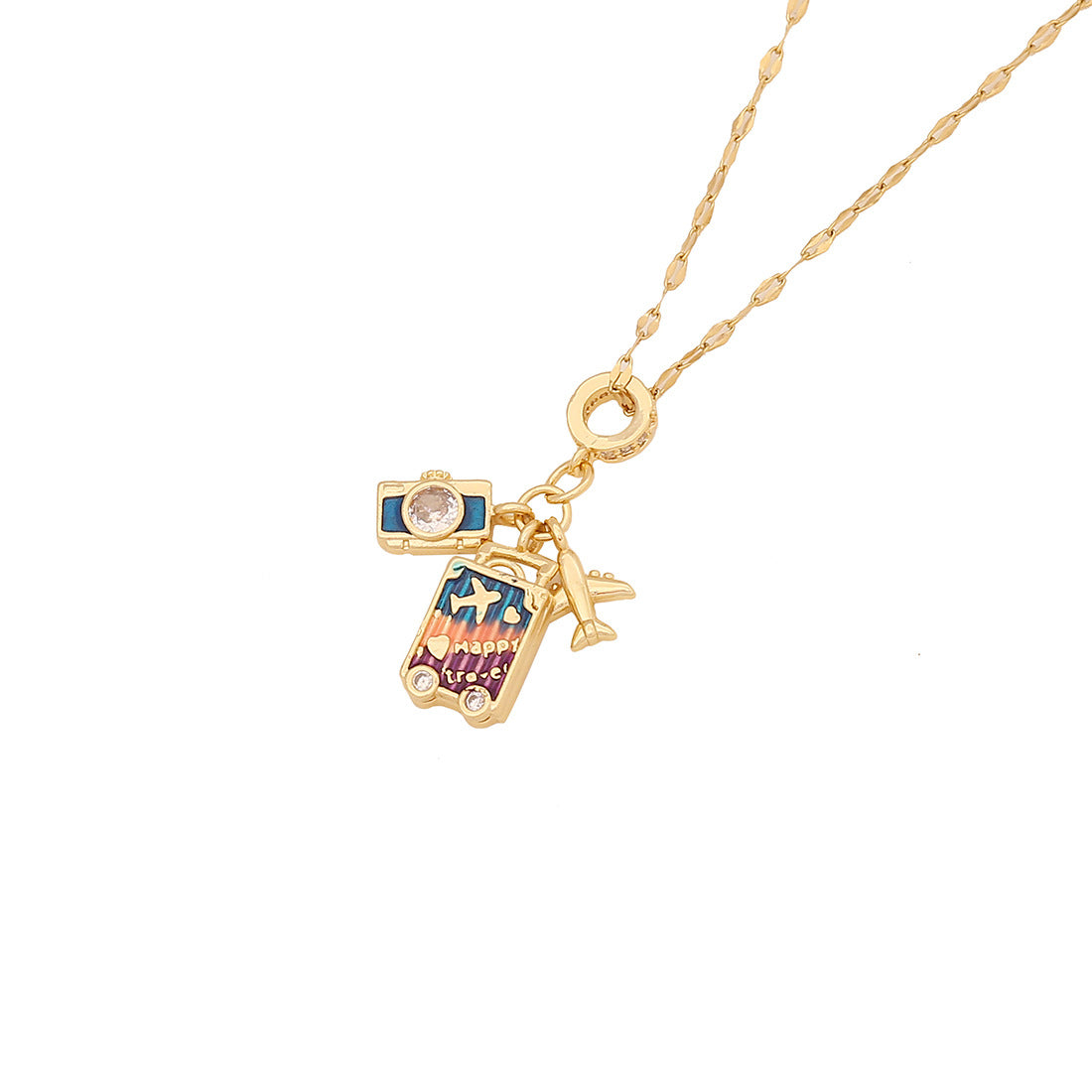 Fashionable Heart-Shaped Enamel Airplane Earth Camera Pendant Necklace in Copper for Women