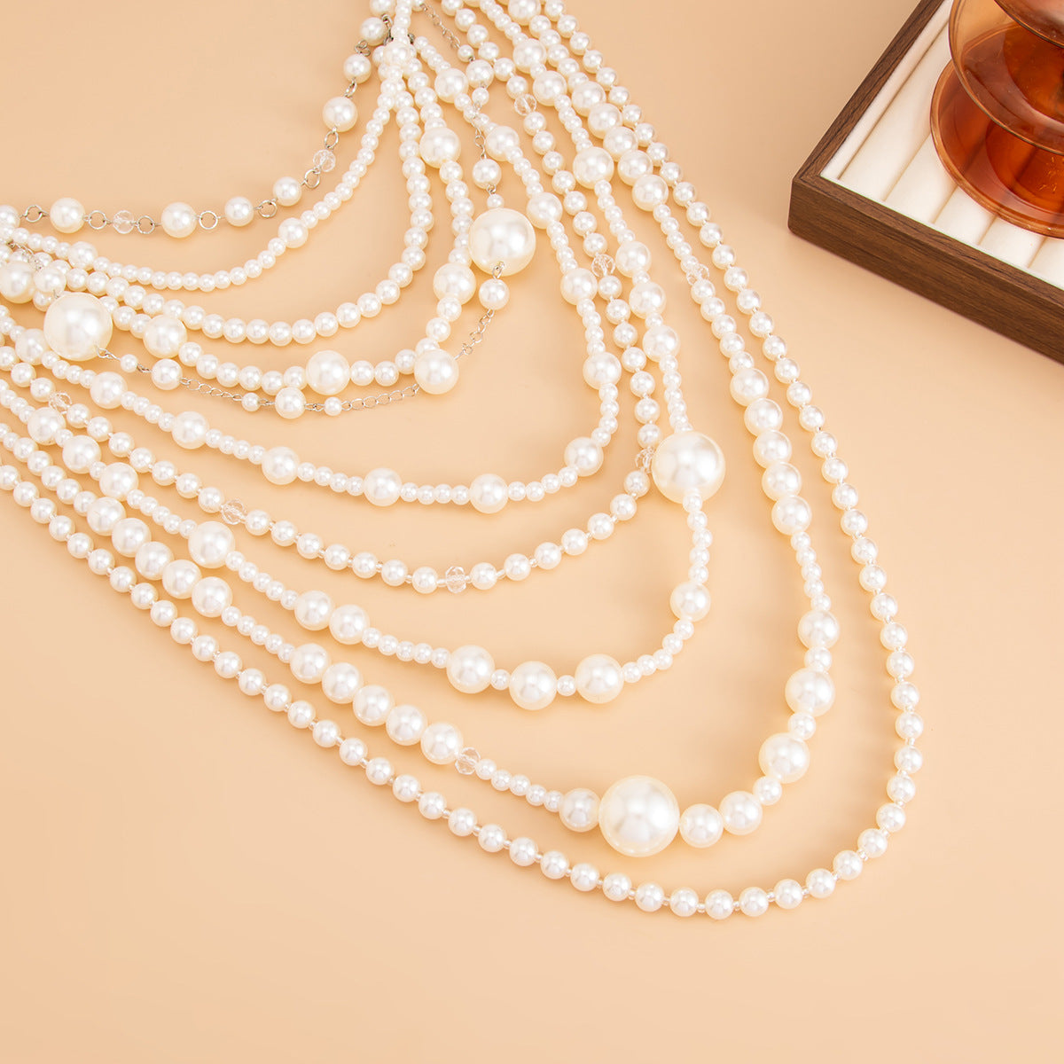 Exaggerated Geometric Faux Pearl Multi-layer Long Handmade Beaded Necklace for Women