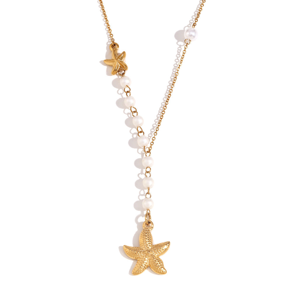 Collana pendente a forma di stella marina asimmetrica vintage con catena in acciaio inossidabile e placcatura in oro 18 carati con dettagli in perle
