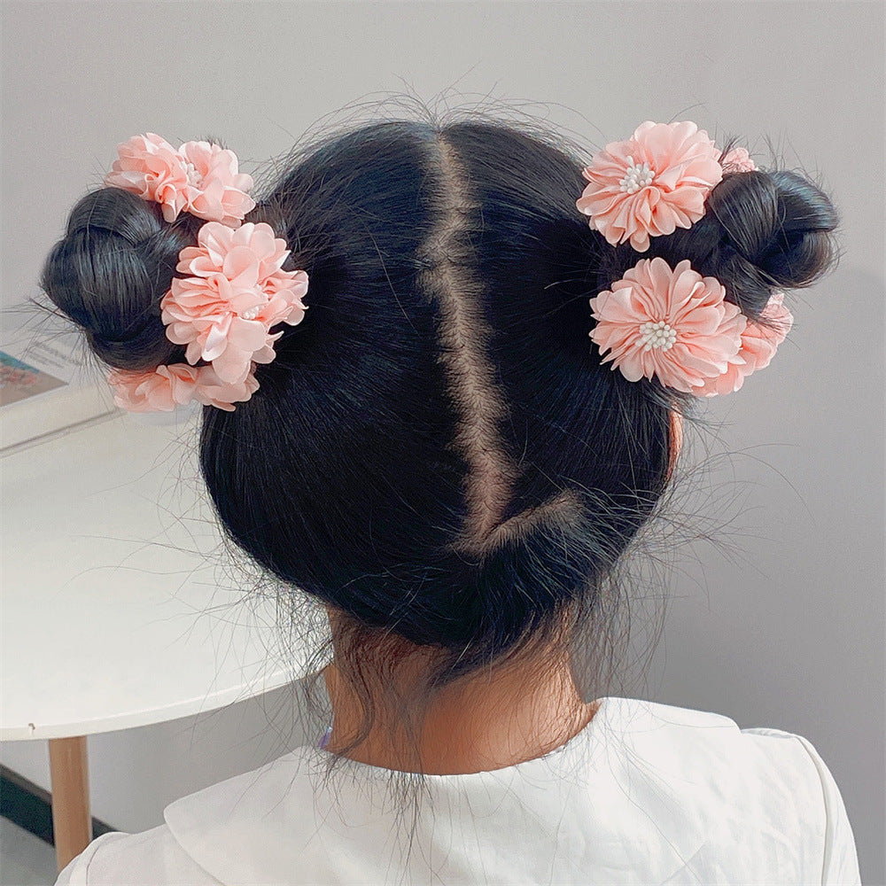 Elegant Floral Hair Ties Set for Kids - Solid Color Fabric Hair Bands with Flower Embellishment in Princess Style