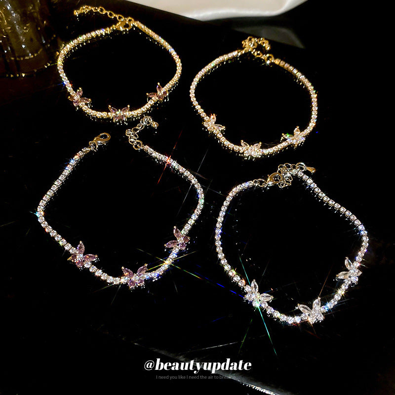 Luxury Floral Bracelet with Zircon Inlay for Women, Elegant Fashion Hand Chain with Butterfly Motif