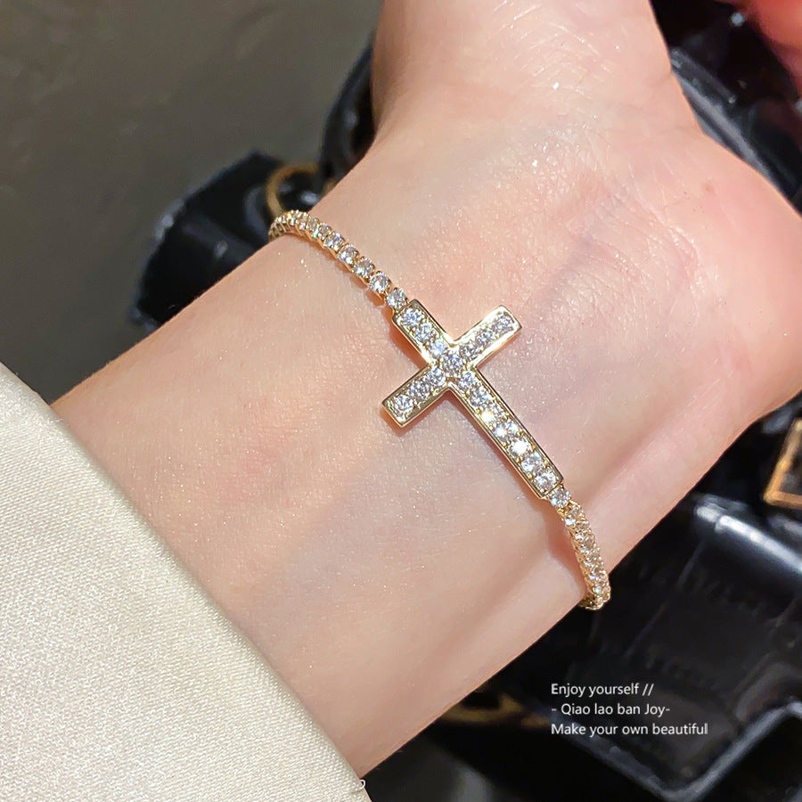 Minimalist Elegant Cross Cubic Zirconia Inlay Brass Bracelet for Women