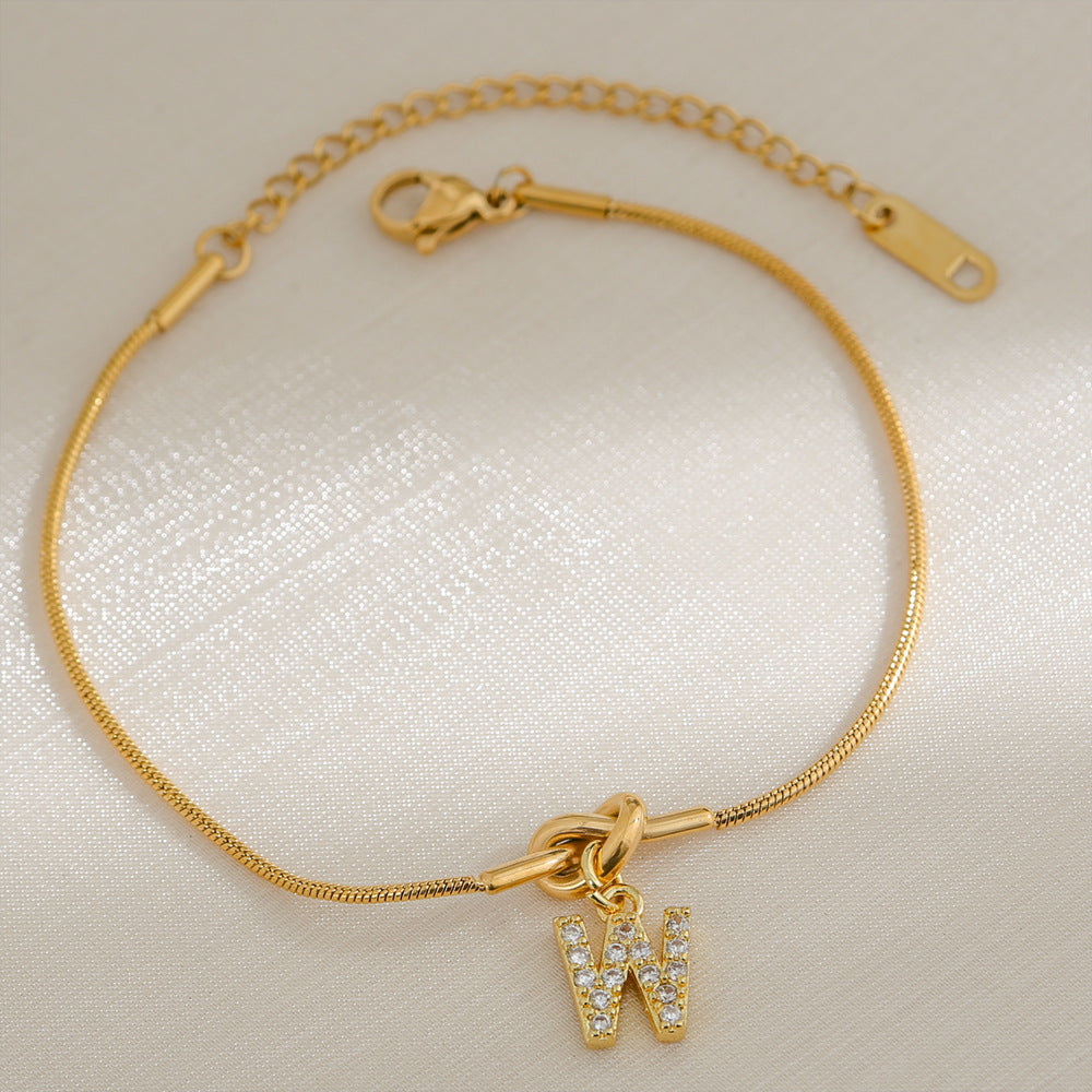 18K Gold Plated Stainless Steel Letter Heart Knot Charm Bar Bracelet for Women