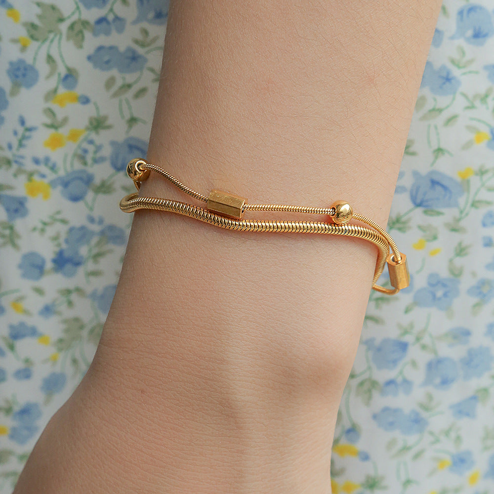 Bracciale a catena doppia a serpente in acciaio inossidabile a forma di U, minimalista, con finitura placcata, da donna