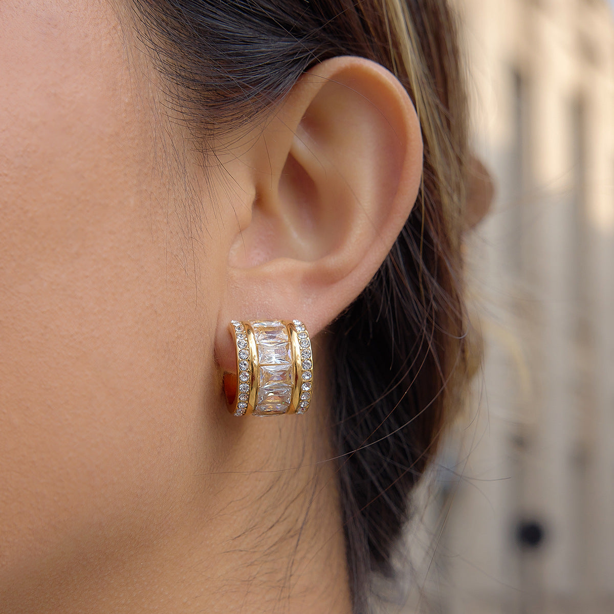 Elegant Geometric C-Hoop Stainless Steel Earrings with Rhinestone and Cubic Zirconia Inlay