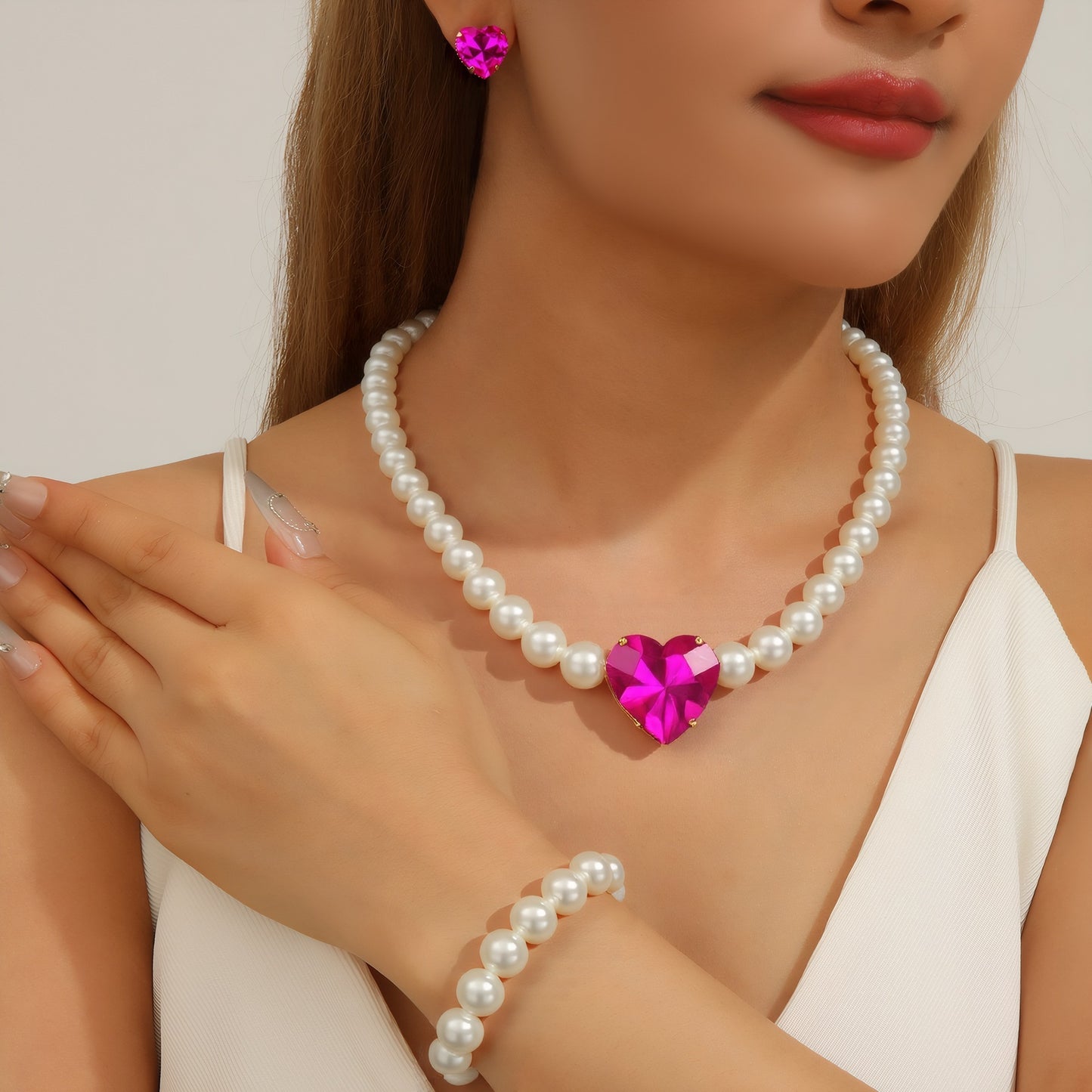 Minimalist Heart-Shaped Pearl Necklace Set with Alloy Pendant, Electroplated Finish, Includes Earrings Bracelet and Necklace for Women