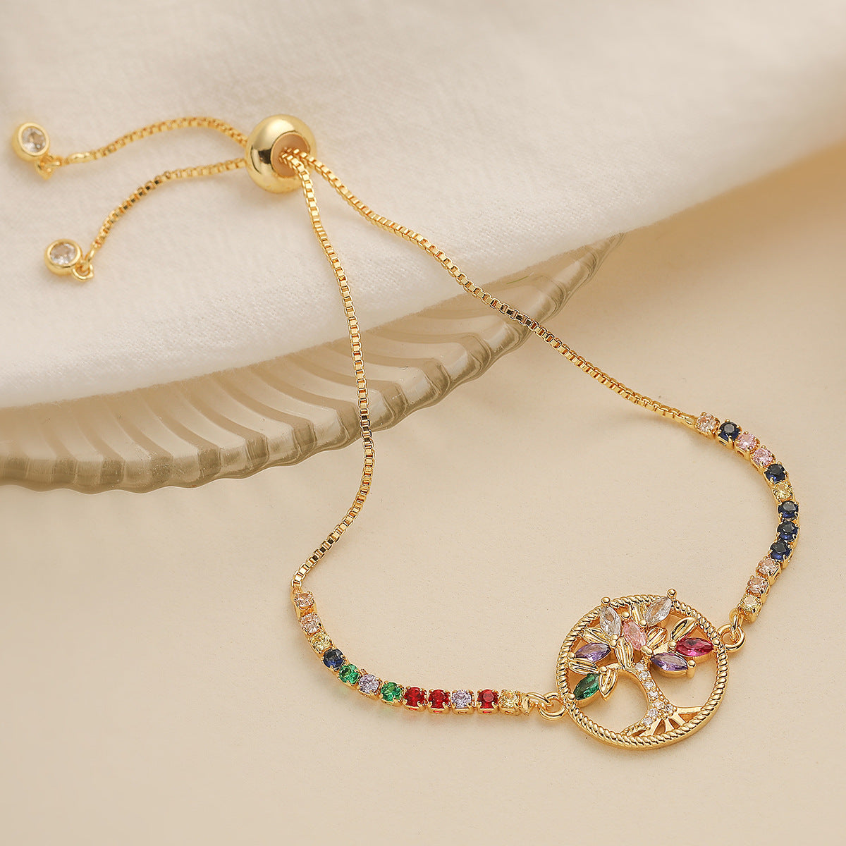 Fashionable Minimalist Life Tree Geometric Bracelet for Women in Copper with 18K Gold Plating and Color Zircon Inlay