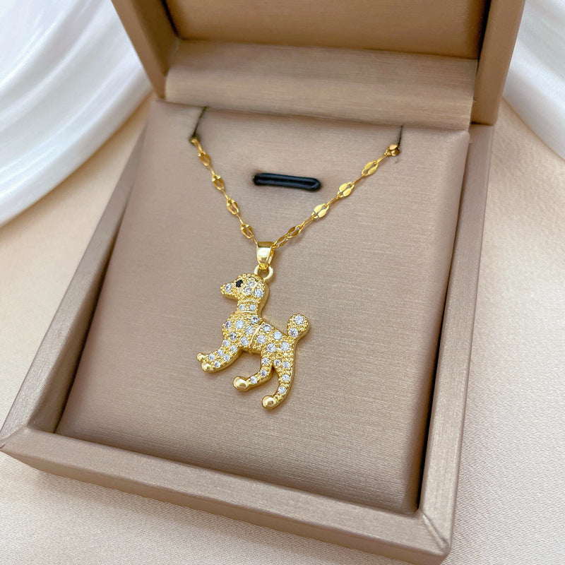 Collar con colgante minimalista con forma de perro de acero titanio con incrustaciones de diamantes de imitación para mujer y hombre
