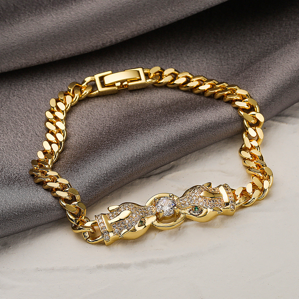 Bracciale Cubano Geometrico a Forma di Leopardo alla Moda da Donna in Rame Placcato Oro con Intarsio di Zirconi
