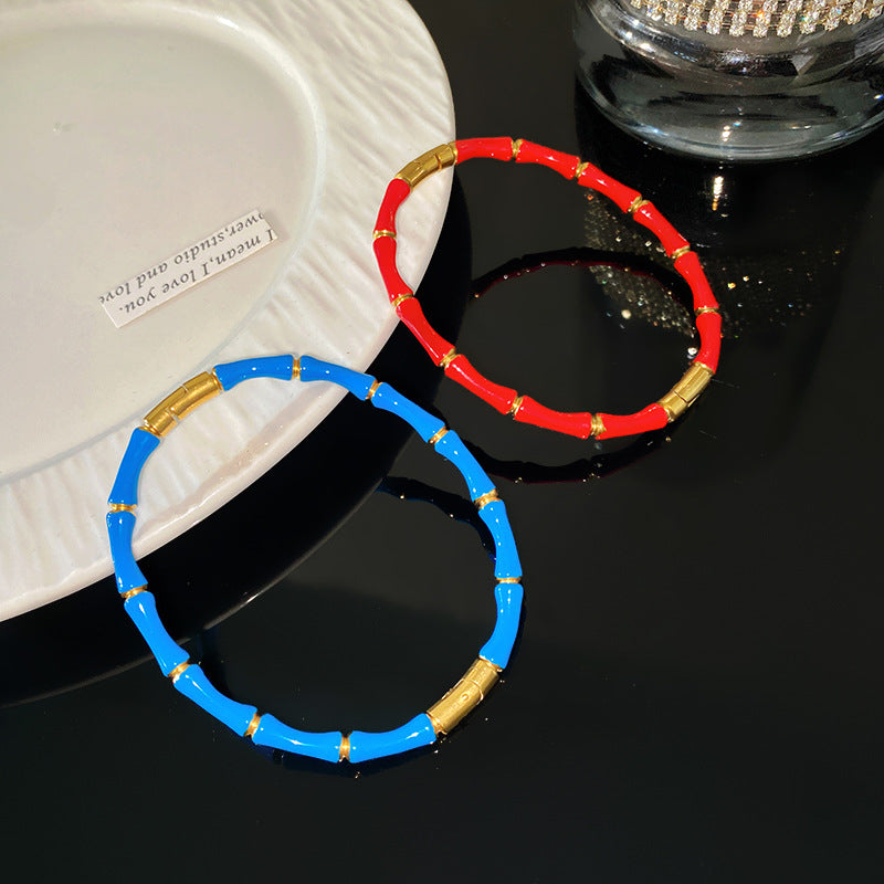 Vintage Red Enamel Geometric Bamboo Titanium Steel Bangle Bracelet for Women